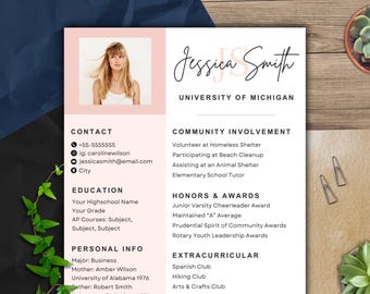 May include: A resume template with a pink background and a photo of a woman. The resume includes sections for contact information, education, personal info, community involvement, honors and awards, and extracurricular activities. The text on the resume includes the name Jessica Smith, University of Michigan, and the text "+55-5555555", "ig: carolinewilson", "jessicasmith@email.com", "City", "Your Highschool Name", "Your Grade", "AP Courses: Subject, Subject, Subject", "Major: Business", "Mother: Amber Wilson", "University of Alabama 1976", "Father: Robert Smith", "Volunteer at Homeless Shelter", "Participating at Beach Cleanup", "Assisting at an Animal Shelter", "Elementary School Tutor", "Junior Varsity Cheerleader Award", "Maintained "A" Average", "Prudential Spirit of Community Awards", "Rotary Youth Leadership Awards", "Spanish Club", "Hiking Club", "Arts & Crafts Club".