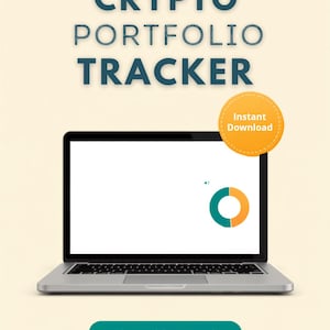 May include: A digital crypto portfolio tracker displayed on a laptop screen with a pie chart graphic. The text reads CRYPTO PORTFOLIO TRACKER, Instant Download, and Excel Spreadsheet Template. The design features dark blue text on a light background.