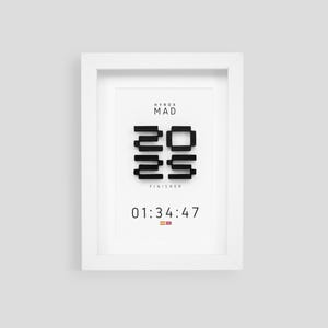 Puede incluir: Impresión enmarcada en blanco con el texto "HYROX MAD" y el número "2023" en negro. Debajo del número está la palabra "FINISHER" y la hora "01:34:47". La impresión tiene una bandera española en la parte inferior.