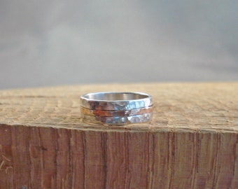 Sterling Silver and Gold Hammered Band Ring Stackable 4mm wide
