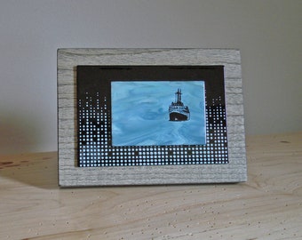 Fused Glass Wall Art Screen Print 'Ghost Ship'  The Ushuaia in Antarctica on Natural Hackberry Wood Block 7.5 x 5.5