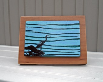 Glass Wall Art Screen Print Heron on Lake Shoreline on Natural Cherry Wood Block 7.5 x 5.5