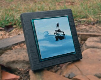 Glass Wall Art Screen Print Ghost Ship Antarctic Black Wood Block 5.5 x 5.5