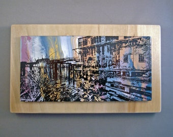 Glass Wall Art Screen Print Rain on Yesteryear Apalachicola 4x8 on Poplar Wood Block 5.5 x 9.5