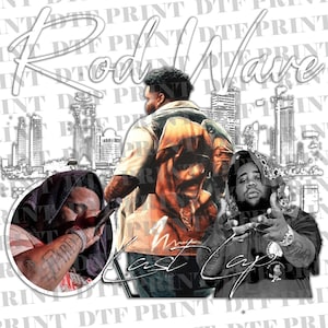 May include: A black and white graphic design featuring a cityscape with the text "Rod Wave" and "Last Cap" in a stylized font. The design includes two men, one wearing a brown jacket and the other wearing a black hoodie.