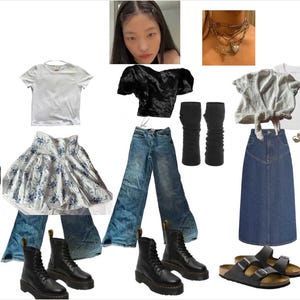May include: Five different outfit combinations featuring a variety of tops, bottoms, shoes, and accessories. The outfits include a black vest with a grey skirt, a white t-shirt with a floral skirt, a black crop top with blue jeans, a grey and white patterned top with a blue denim skirt, and a rainbow striped cardigan with black shorts.