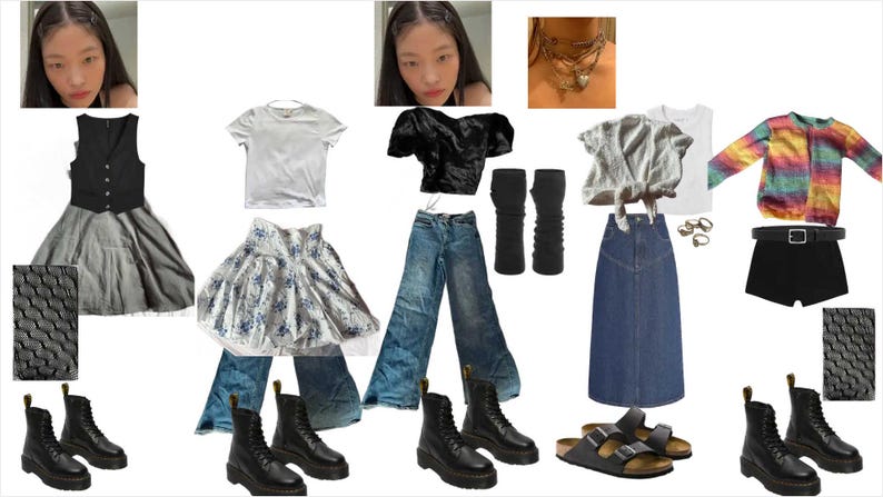 May include: Five different outfit combinations featuring a variety of tops, bottoms, shoes, and accessories. The outfits include a black vest with a grey skirt, a white t-shirt with a floral skirt, a black crop top with blue jeans, a grey and white patterned top with a blue denim skirt, and a rainbow striped cardigan with black shorts.