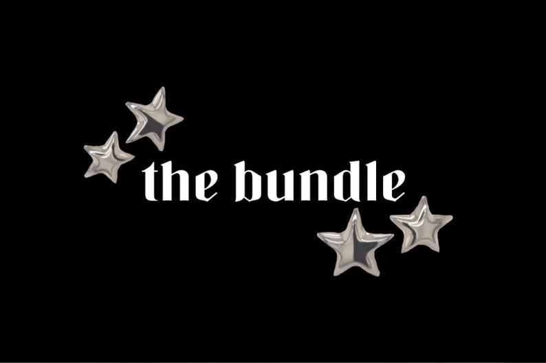 May include: The Bundle text in white with a gothic font, surrounded by five silver stars on a black background.