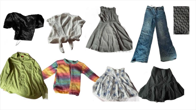 May include: A collection of clothing items including a black satin top, a white crocheted top, a gray linen dress, a rainbow striped sweater, a green button-down shirt, a white floral skirt, a black skirt, and a pair of blue jeans.