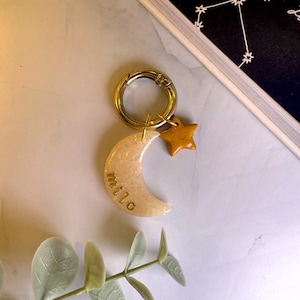 Personalized Celestial Pet ID Tag Polymer Clay Star & Moon Resin Coated