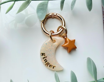 Personalized Celestial Pet ID Tag Polymer Clay Star & Moon Resin Coated
