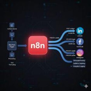 Könnte beinhalten: Digitales Diagramm, das den Workflow eines Social-Media-Automatisierungstools zeigt. Ein rotes Quadrat mit "n8n" in weißem Text im Zentrum, mit Pfeilen, die den Datenfluss zu LinkedIn, Facebook und Instagram anzeigen.