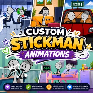Op de afbeelding: Een digitale afbeelding met de tekst CUSTOM STICKMAN ANIMATIONS en diverse cartoonsc&egrave;nes van stokfiguren in een kantoor, woonkamer, auto, badkamer en ziekenhuiskamer, plus vier ronde iconen met informatie over de aangeboden animatiediensten.