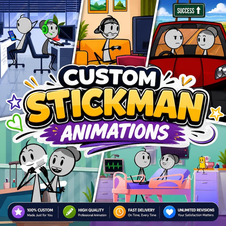 Op de afbeelding: Een digitale afbeelding met de tekst CUSTOM STICKMAN ANIMATIONS en diverse cartoonsc&egrave;nes van stokfiguren in een kantoor, woonkamer, auto, badkamer en ziekenhuiskamer, plus vier ronde iconen met informatie over de aangeboden animatiediensten.