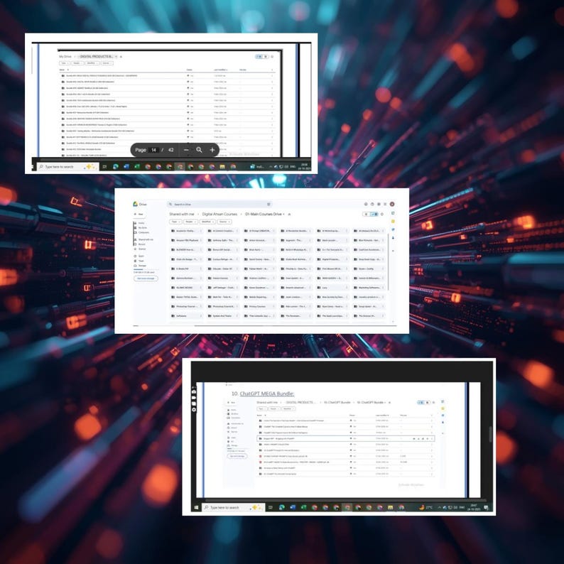 May include: Three computer screens displaying a digital interface with organized lists of files and documents. The screens are set against a background of blurred blue and orange light streaks, suggesting a technological or data-driven theme.
