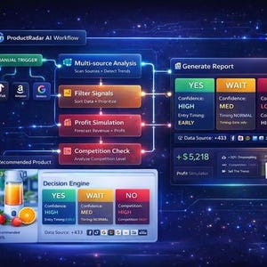 May include: A digital graphic showing a workflow diagram for product analysis. The diagram includes steps like multi-source analysis, filter signals, and profit simulation. The image also features a decision engine with "Yes", "Wait", and "No" options, and a recommended product.