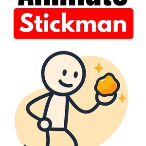 Op de afbeelding: Een grafische illustratie met de tekst Animate Stickman in zwarte en witte letters op een rode achtergrond. Daaronder houdt een eenvoudig zwart omlijnd stokfiguurtje met een lachend gezicht een gloeiende gele steen vast bij een grijze rots.