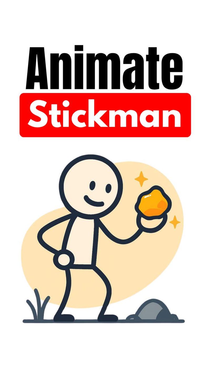 Op de afbeelding: Een grafische illustratie met de tekst Animate Stickman in zwarte en witte letters op een rode achtergrond. Daaronder houdt een eenvoudig zwart omlijnd stokfiguurtje met een lachend gezicht een gloeiende gele steen vast bij een grijze rots.