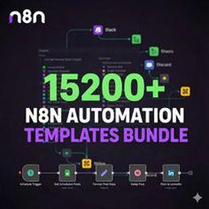 May include: A graphic with the n8n logo and the text "15200+ N8N AUTOMATION TEMPLATES BUNDLE" in green and purple. The graphic includes icons for Slack, Sheets, Discord, and LinkedIn, connected by lines.