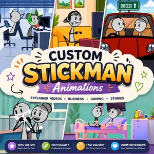 Op de afbeelding: Een promotionele afbeelding voor aangepaste stokfiguur-animaties met diverse cartoonsc&egrave;nes zoals kantoorwerk, gamen, autorijden, scheren en ziekenhuiszorg. De centrale tekst luidt CUSTOM STICKMAN Animations met de ondertitel EXPLAINER VIDEOS, BUSINESS, GAMING, STORIES.