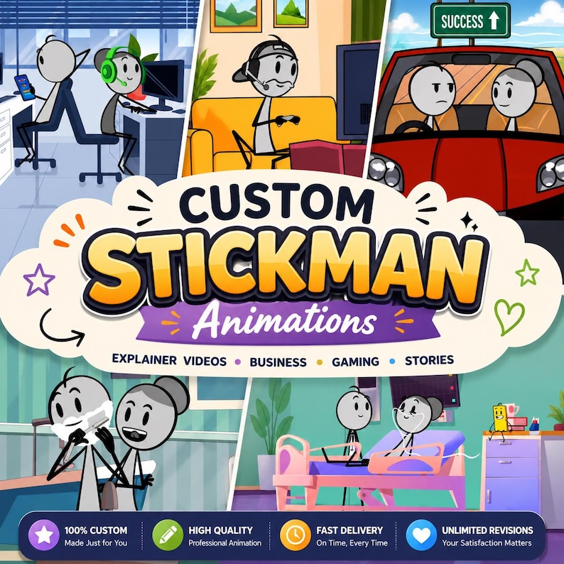 Op de afbeelding: Een promotionele afbeelding voor aangepaste stokfiguur-animaties met diverse cartoonsc&egrave;nes zoals kantoorwerk, gamen, autorijden, scheren en ziekenhuiszorg. De centrale tekst luidt CUSTOM STICKMAN Animations met de ondertitel EXPLAINER VIDEOS, BUSINESS, GAMING, STORIES.