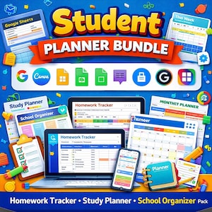 May include: A Student Planner Bundle graphic with the text "Student Planner Bundle" in yellow and red. The image includes a laptop, tablet, and smartphone displaying planner templates, along with icons for Google Sheets and Canva. Additional elements include a notebook, clipboard, and calendar.