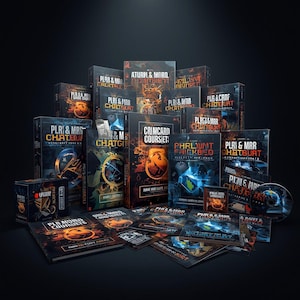 May include: A collection of books, boxes, and discs with dark, stylized covers. The titles include "PLR & MRR CHATEURT", "CRIMCARD COURSIETS", and "PHRLUMT FRICKBED". The color scheme is primarily black, orange, and blue, with graphic designs.