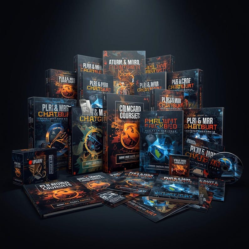 May include: A collection of books, boxes, and discs with dark, stylized covers. The titles include "PLR & MRR CHATEURT", "CRIMCARD COURSIETS", and "PHRLUMT FRICKBED". The color scheme is primarily black, orange, and blue, with graphic designs.