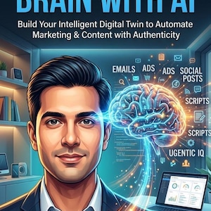 May include: Book cover with the title "CLONE YOUR BRAIN WITH AI" in white and blue. The cover features a man's portrait with a glowing brain graphic and a laptop. Text includes "Build Your Intelligent Digital Twin to Automate Marketing & Content with Authenticity."