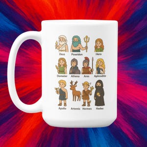 Greek Gods Cartoon Mug 11oz 15oz - Mythology Gift for Him or Her - Cute Olympus Deities Art - Both Sides Printed Ceramic Coffee Mug