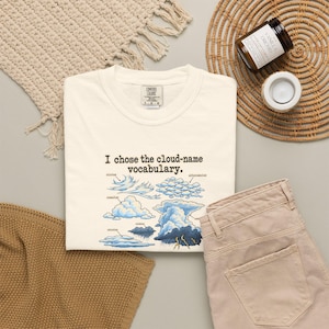 Op de afbeelding: Een crèmekleurig T-shirt met korte mouwen en een grafische print van verschillende wolkentypes met labels zoals cirrus, cumulus, stratus en de tekst "I chose the cloud-name vocabulary." Het shirt heeft een ronde hals en een Comfort Colors label.