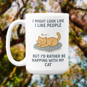 Pode incluir: Caneca de cerâmica branca com uma alça com uma ilustração de gato de desenho animado. O gato é laranja e está deitado em uma almofada azul. O texto na caneca diz: "I MIGHT LOOK LIKE I LIKE PEOPLE, BUT I'D RATHER BE NAPPING WITH MY CAT."