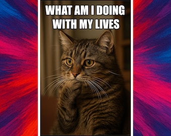 Funny Cat Existential Crisis Sticker: Moody Kitty Meme Vinyl Decal