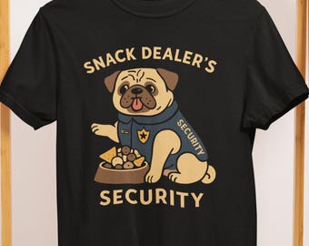 Divertente maglietta da guardia di sicurezza con carlino: regalo perfetto per gli amanti dei cani e dei venditori di snack.