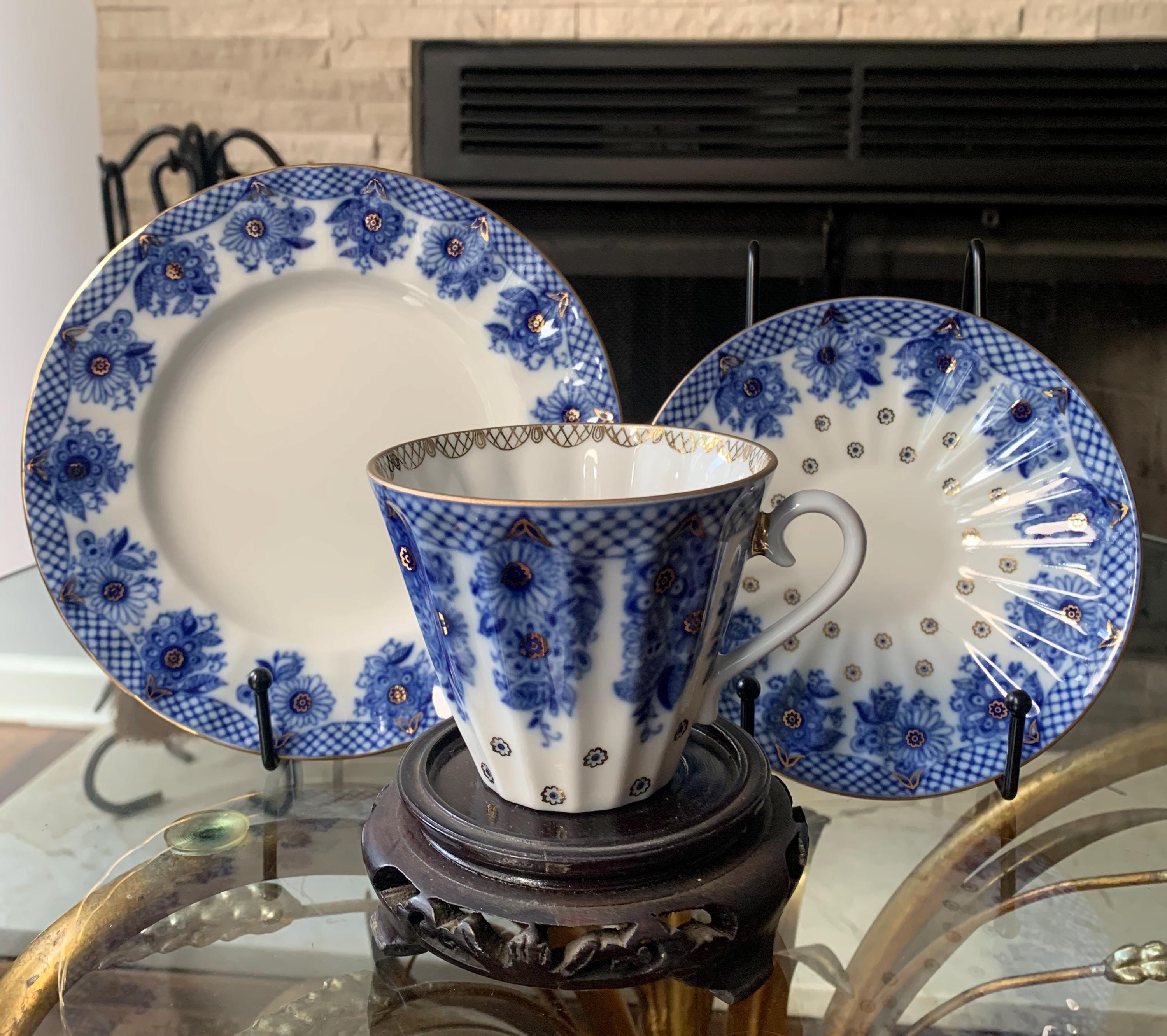 Lomonosov Cobalt Net Tea Trio: Vintage USSR Imperial Porcelain - Etsy