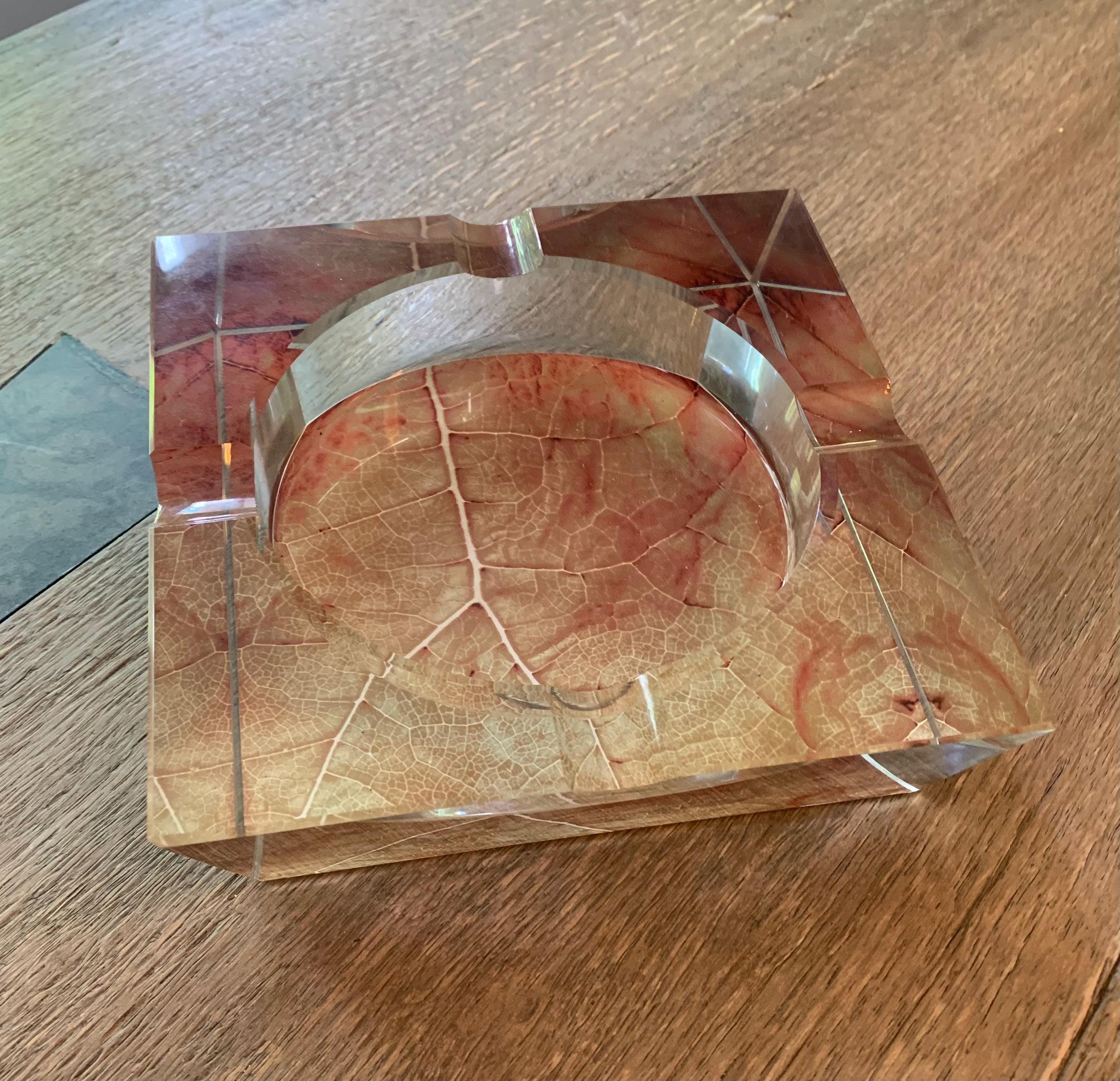 Vintage Clear Glass Cigar Ashtray  6" Tobacco Leaf Design, 4-Rest Square Ashtray