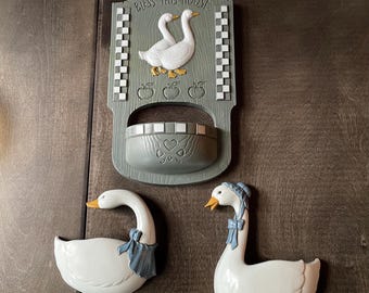 Vintage Burwood Country Goose Wall Pockets Bless This House Plaque Set of 3 1988 Cottagecore Farmhouse Kitchen Decor