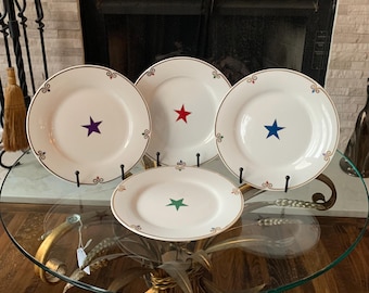Pier 1 Celebration Salad Plates Set of 4 7.5 Inch Colorful Star Pattern Red Blue Green Purple