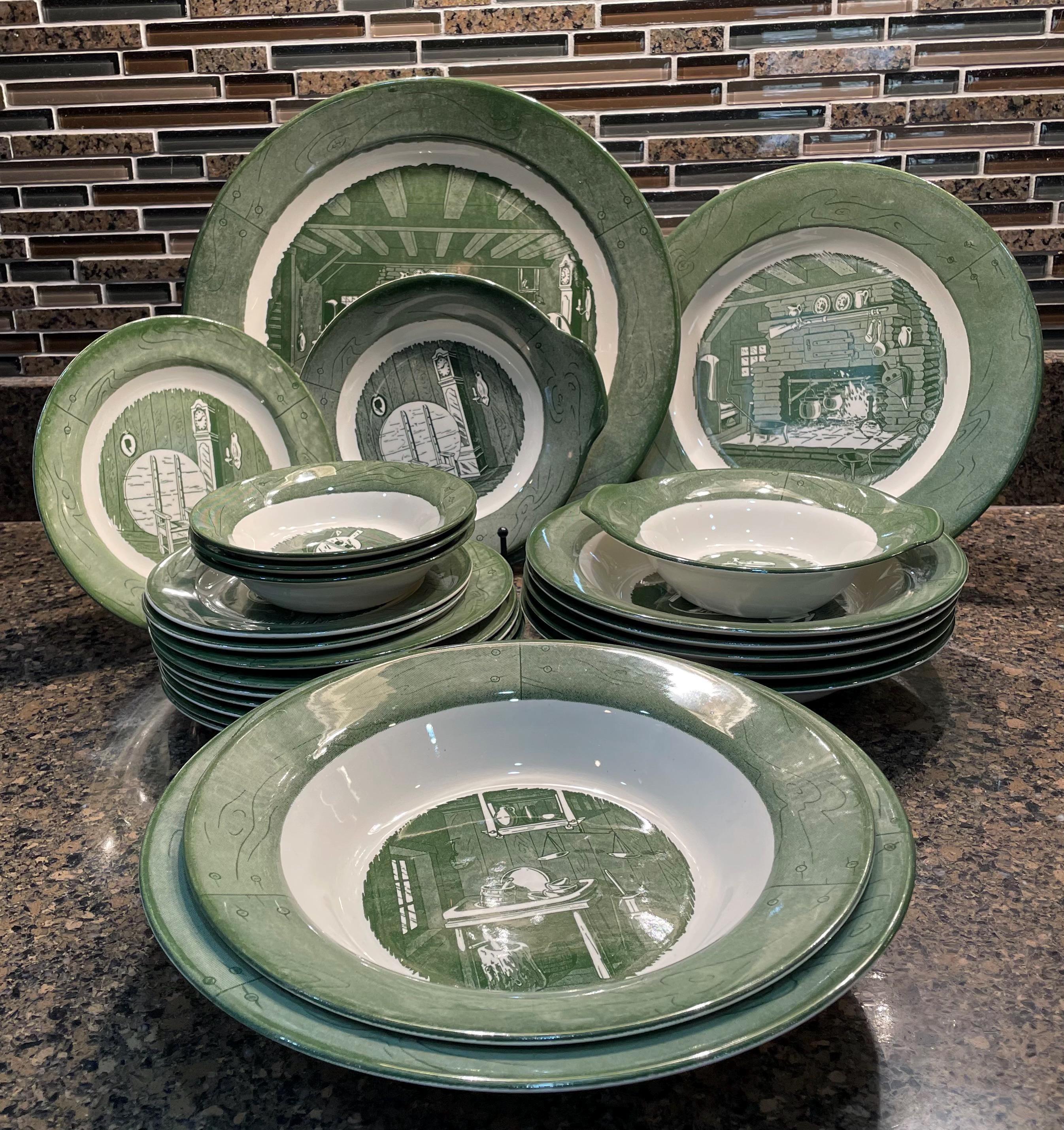 Colonial Homestead Royal Dinnerware Farmhouse Style Vintage Dishes plates platter fruit bowls cake plates rich green pattern