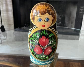 Vintage Russian Matryoshka Nesting Dolls Set of 6 Hand Painted Wooden Babushka Dolls Folk Art 7.5 Inch Tall