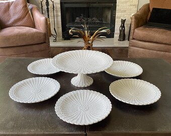 Vintage Italian White Ceramic Cake Stand with 6 Dessert Plates Basketweave Scalloped Edge Made in Italy 7 Piece Set