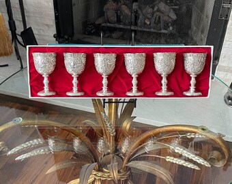 Raimond Silver Plate Repousse Cordial Shot Glasses Set of 6 Ornate Goblets Vintage Barware Boxed