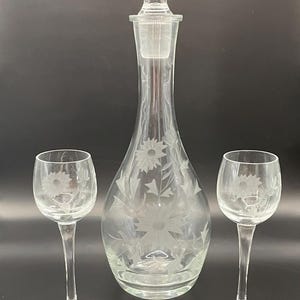 Decanter Set with Stopper and 2 Cordial Glasses, Frosted Floral Motif Etched Glass