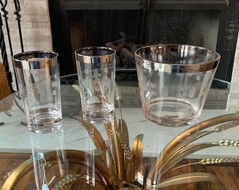 Dorothy Thorpe Silver Rim Highball Glasses or Ice Bucket Etched Oval Dash Design Mid Century Barware Sold Separately