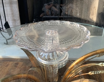 Vintage Pressed Glass Cake Stand 9 Inch Starburst Pattern Scalloped Edge Leaf Design Pedestal Dessert Stand Clear Glass Decor