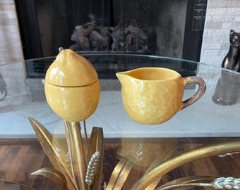 Vintage Barbara Eigen Arts Lemon Sugar Bowl Creamer Set Yellow Ceramic Studio Pottery USA Figural Fruit