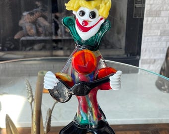 Murano Style Art Glass Clown Figurine Hand Blown Venetian Style Musician Sculpture Colorful Vintage Glass Decor 8.5 Inch
