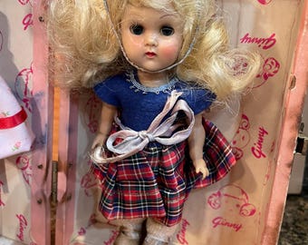Vintage Ginny Doll in Original Pink Suitcase Box – Blonde Hair, Plaid Dress, Blue Beret