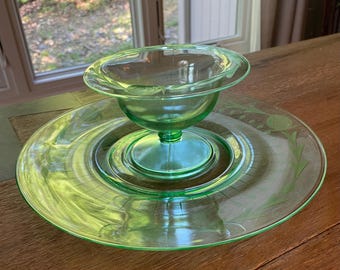 Uranium Etched Glass Mayonnaise Compote Bowl with Underplate  Glows Under UV |Depression Era Serveware