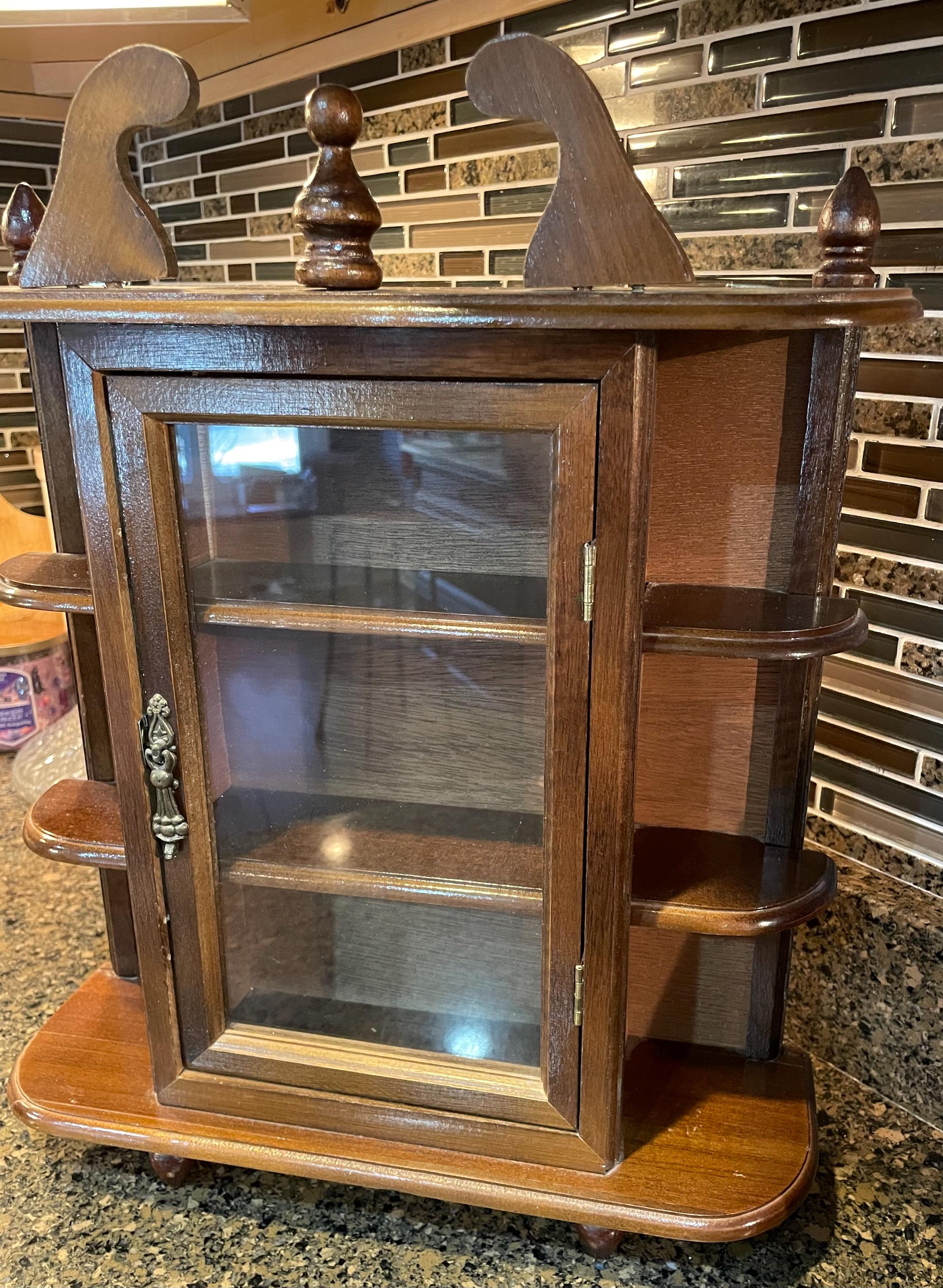 Vintage Wooden Wall Hanging Curio Cabinet With Glass Door and Open